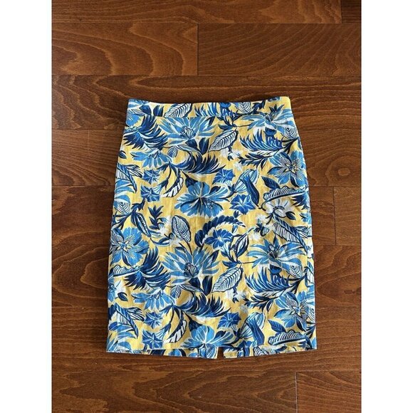 J Crew Printed Basketweave Pencil Skirt Knee Length Zip Yellow Blue Floral 0 - Picture 2 of 7